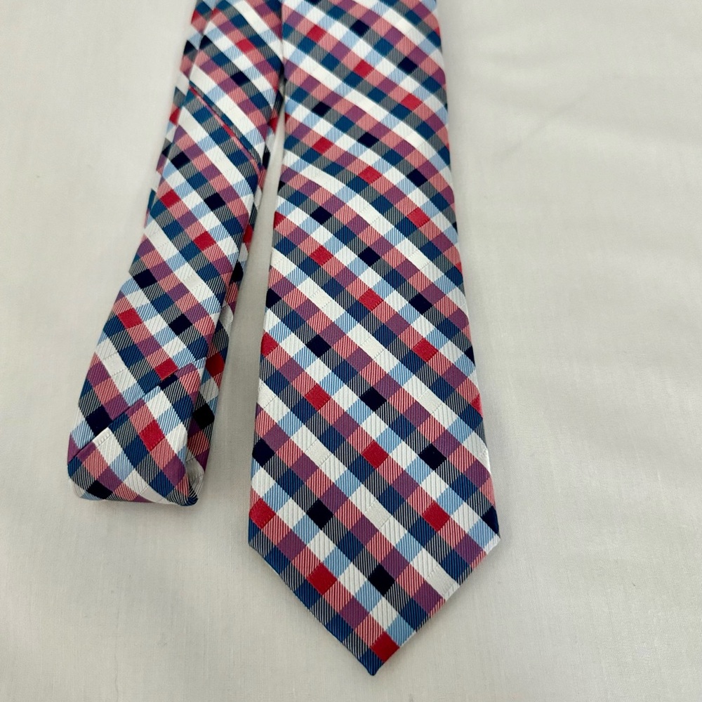 Nautica Red White Blue Gingham Plaid Tie Silk  Blend NEW